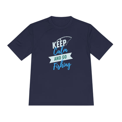 Flat lay of a navy blue T-shirt featuring a playful fishing-themed graphic. The design reads “KEEP Calm AND GO Fishing” in a combination of white, teal, and blue lettering, accented by a simple outline of a fishing rod above the word “KEEP.” The shirt is displayed on a clean white background and has a classic unisex cut, ideal for anglers and outdoor enthusiasts.