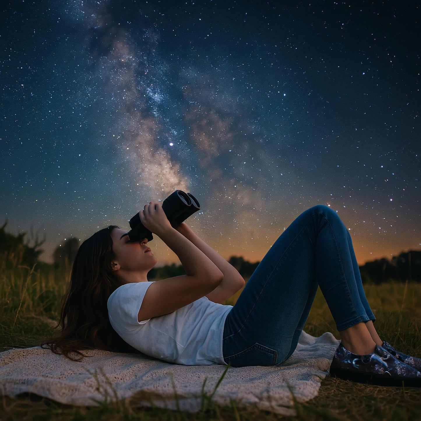 Woman lying on a blanket in a grassy field at night, gazing at the stars through binoculars. She is wearing a white T-shirt, blue jeans, and galaxy-print slip-on shoes. The sky above is filled with stars and a vibrant view of the Milky Way.