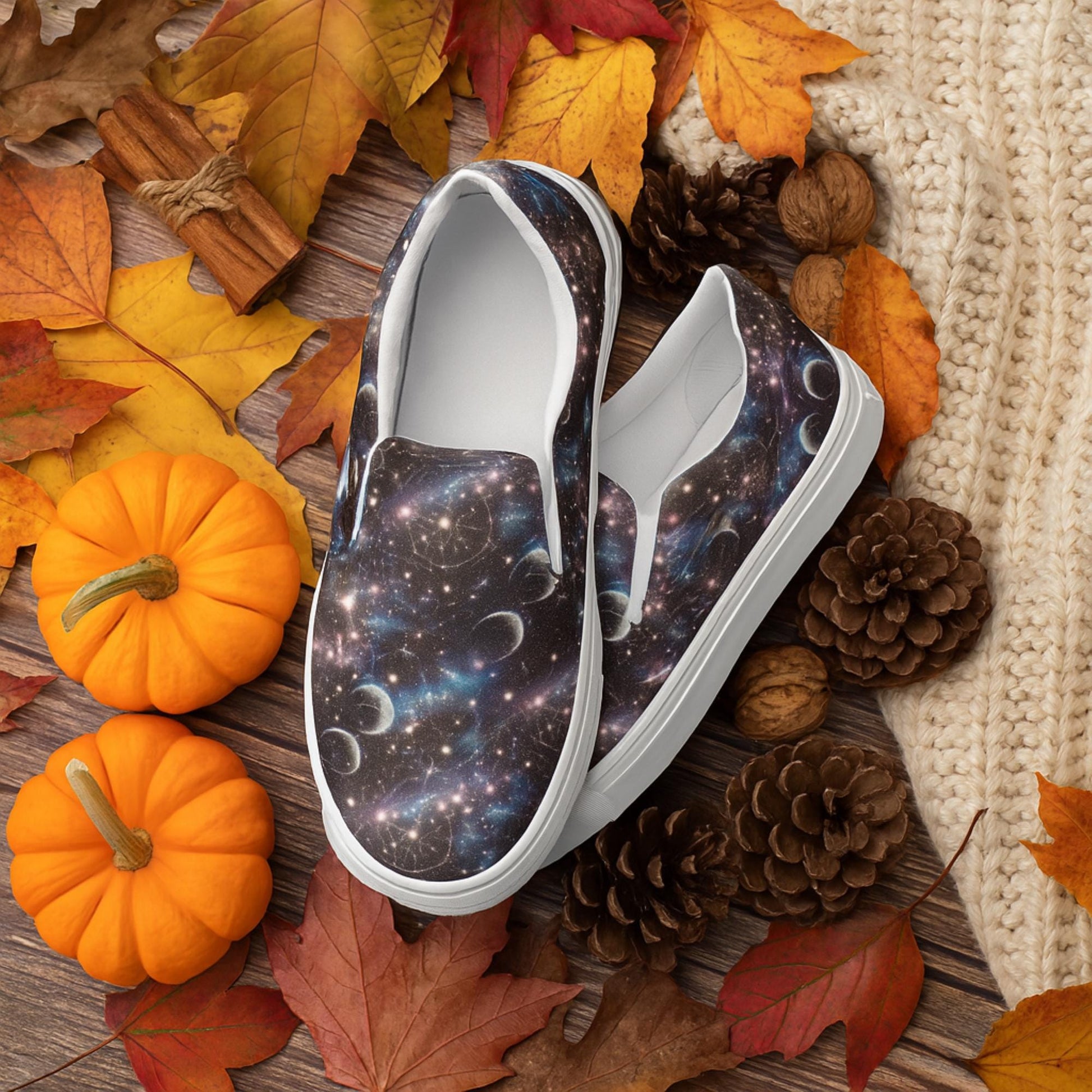 Pair of slip-on sneakers with a cosmic galaxy print featuring stars, planets, and nebulae in deep space colors. The shoes are placed on a wooden surface surrounded by autumn leaves, small pumpkins, pinecones, walnuts, cinnamon sticks, and a cream-colored knitted blanket, creating a cozy fall atmosphere.