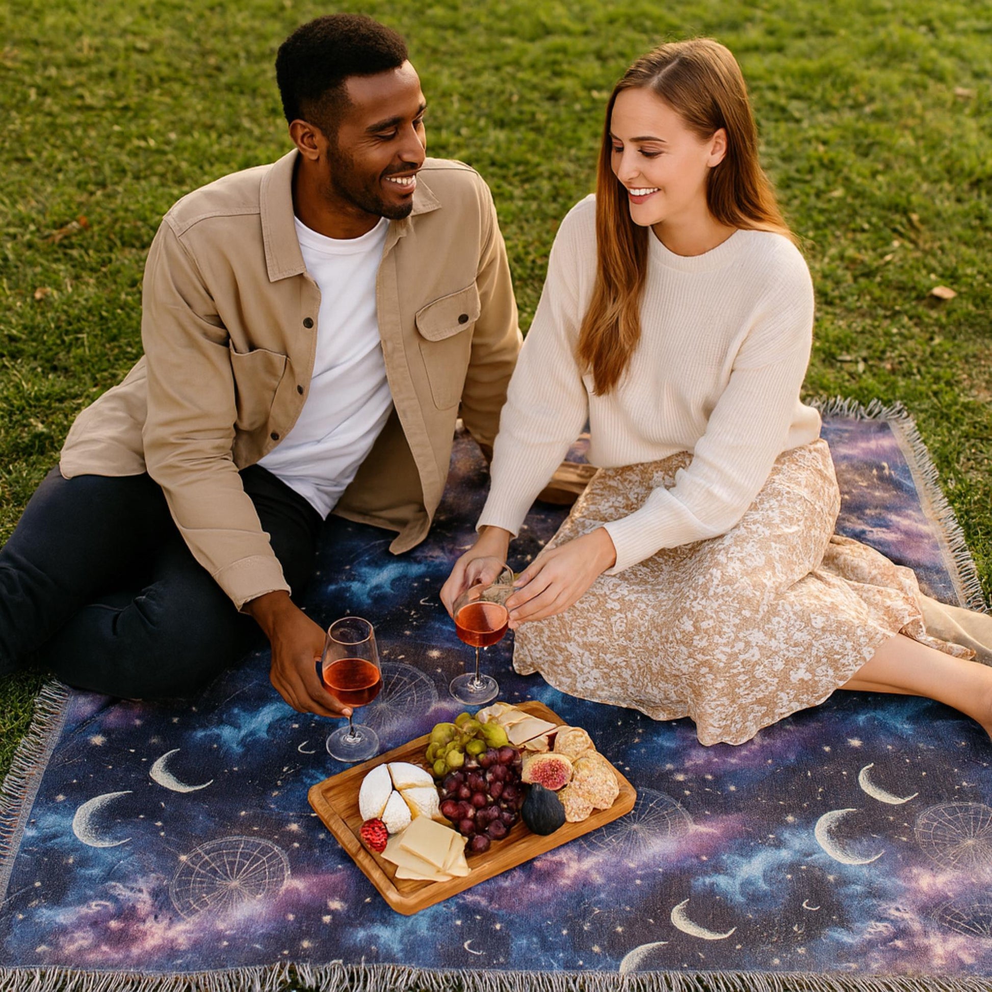 A couple enjoying a picnic on a celestial-themed woven blanket laid out on green grass. The blanket features a night sky design with crescent moons, stars, and constellations in deep purples and blues. They are smiling at each other while holding glasses of rosé wine, with a wooden tray in front of them topped with grapes, figs, cheese, crackers, and pastries.