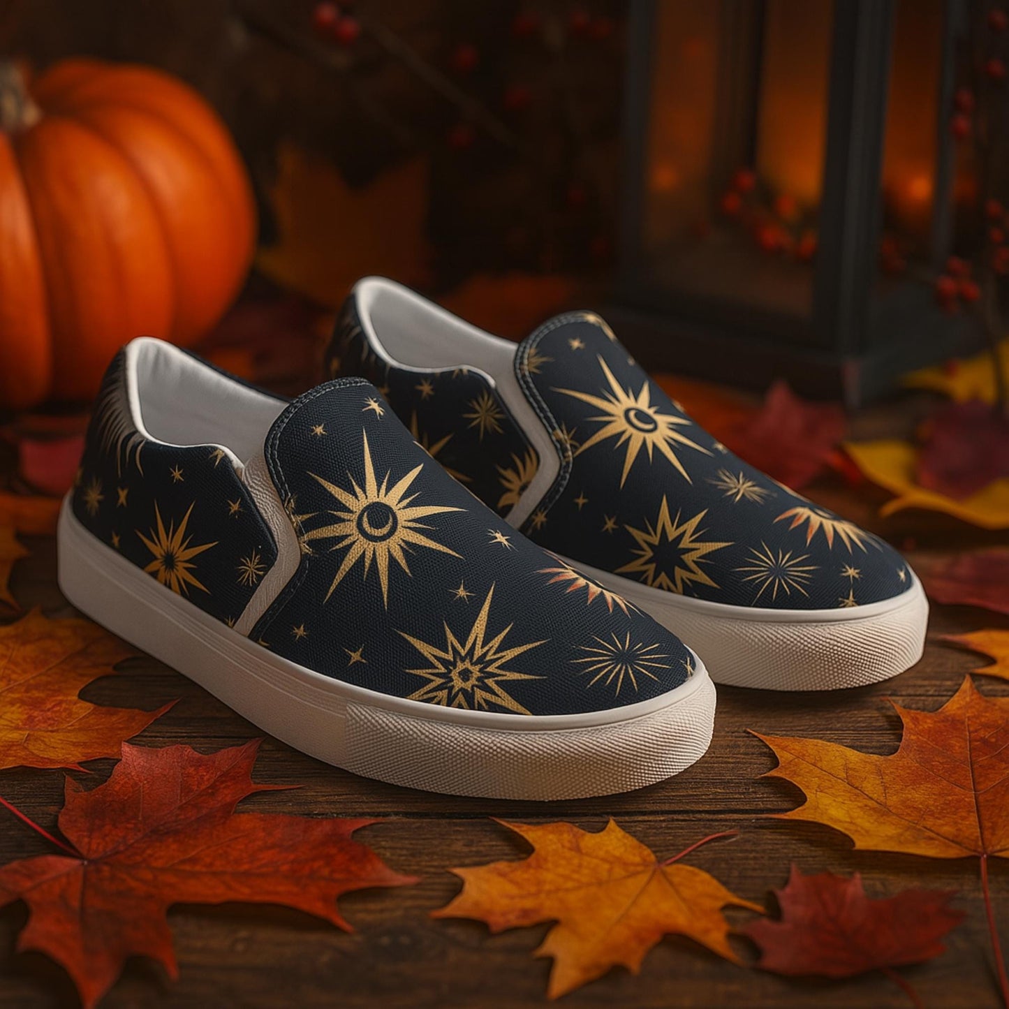 Pair of dark navy slip-on canvas shoes with a celestial gold star and crescent moon pattern, displayed on a wooden surface scattered with autumn leaves. A pumpkin and lantern in the background enhance the cozy fall atmosphere.