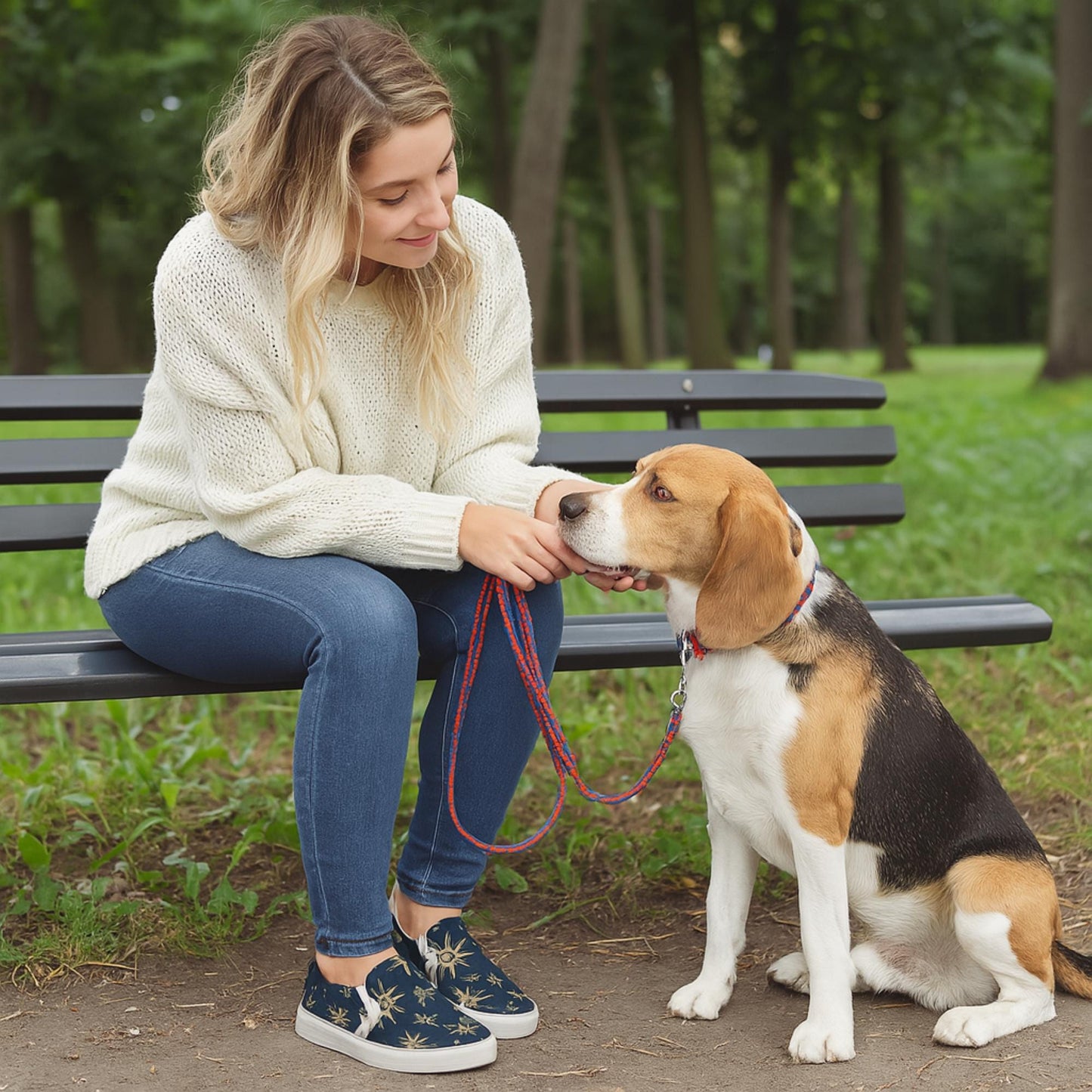 Woman sitting on a park bench wearing a white knit sweater, blue jeans, and navy slip-on shoes with a gold celestial star and moon pattern, gently holding the paw of a beagle dog on a red and blue leash. They are surrounded by green grass and trees.