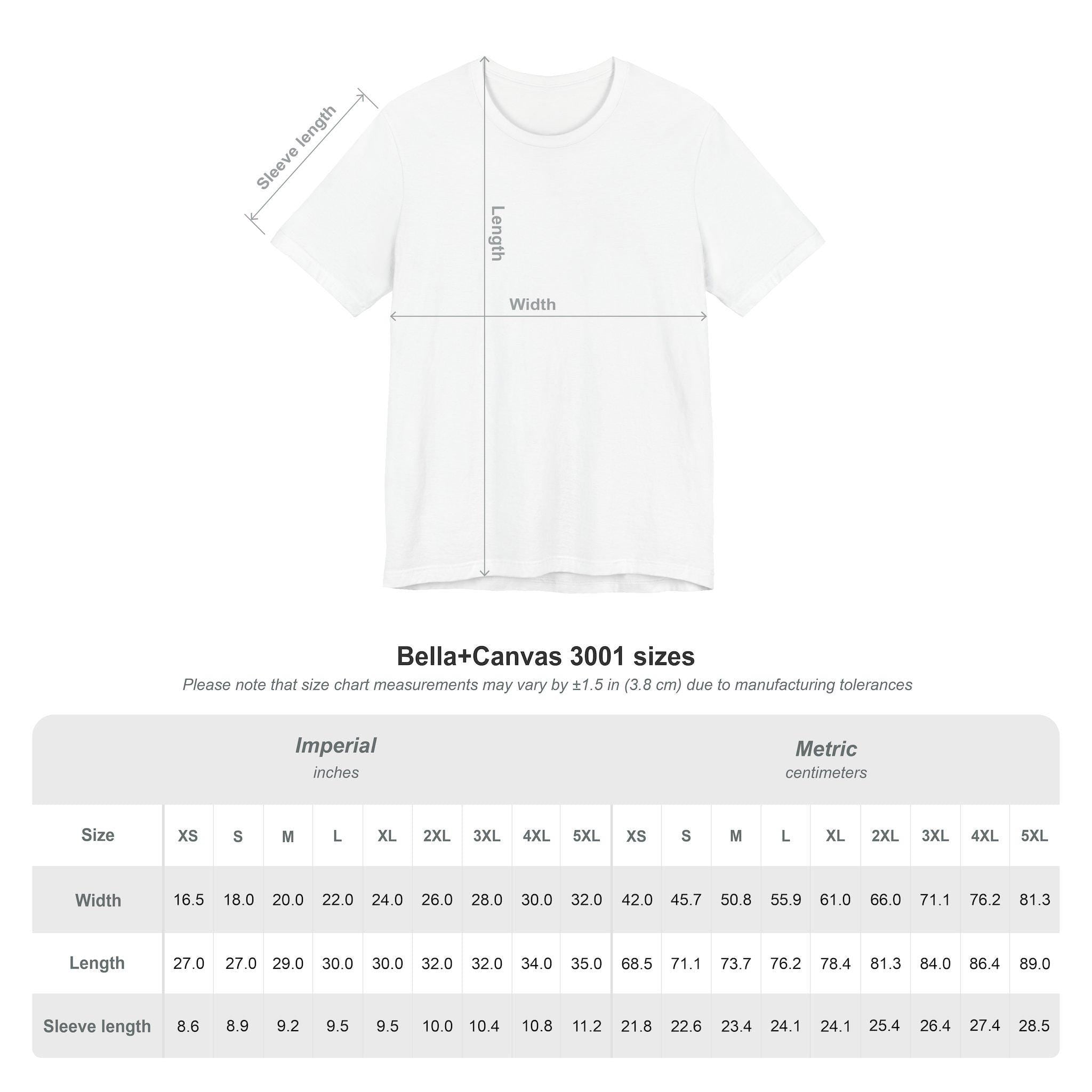 Bella+Canvas 3001 size chart showing T-shirt measurements in both imperial (inches) and metric (centimeters) for sizes XS to 5XL. The chart includes width, length, and sleeve length, with a note that measurements may vary by ±1.5 inches (3.8 cm) due to manufacturing tolerances. An illustration of a blank T-shirt is displayed above the chart with labeled measurement points for width, length, and sleeve length.
