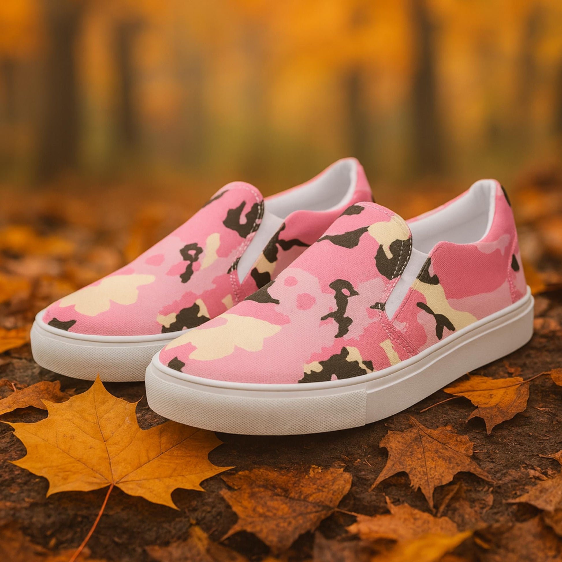 Pair of slip-on canvas shoes with a pink, cream, and black camouflage pattern, featuring white rubber soles, displayed outdoors on autumn leaves with a blurred forest background.