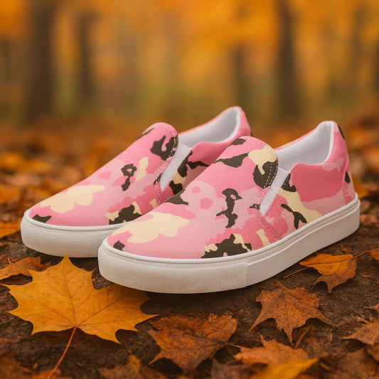 Pair of slip-on canvas shoes with a pink, cream, and black camouflage pattern, featuring white rubber soles, displayed outdoors on autumn leaves with a blurred forest background.
