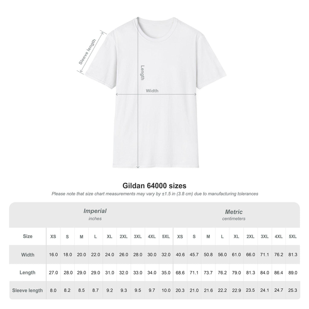 Size chart for the Gildan 64000 unisex t-shirt, displaying both imperial (inches) and metric (centimeters) measurements for width, length, and sleeve length across sizes XS to 5XL. A white t-shirt graphic at the top illustrates how width, length, and sleeve length are measured. A note beneath the chart states that measurements may vary by ±1.5 in (3.8 cm) due to manufacturing tolerances.