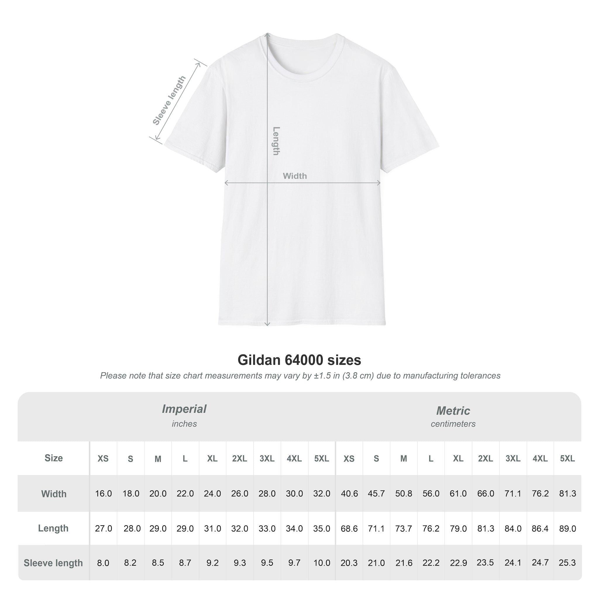 Size chart for the Gildan 64000 unisex t-shirt, displaying both imperial (inches) and metric (centimeters) measurements for width, length, and sleeve length across sizes XS to 5XL. A white t-shirt graphic at the top illustrates how width, length, and sleeve length are measured. A note beneath the chart states that measurements may vary by ±1.5 in (3.8 cm) due to manufacturing tolerances.