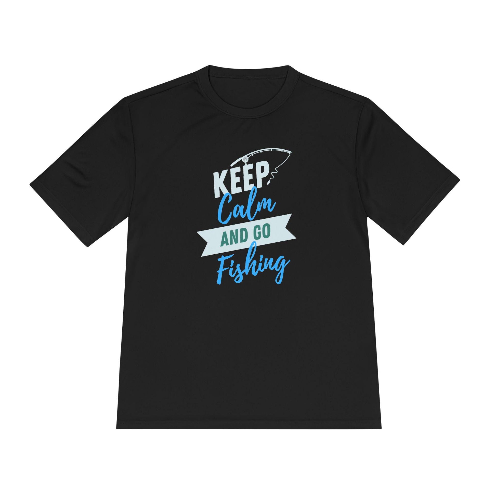 Flat lay of a black T-shirt featuring a playful graphic design with a fishing theme. The design includes the text “KEEP Calm AND GO Fishing” in white, teal, and blue, with a fishing hook illustration above the word “KEEP.” The shirt has a relaxed, unisex fit and is displayed on a plain white background.