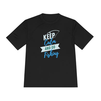Flat lay of a black T-shirt featuring a playful graphic design with a fishing theme. The design includes the text “KEEP Calm AND GO Fishing” in white, teal, and blue, with a fishing hook illustration above the word “KEEP.” The shirt has a relaxed, unisex fit and is displayed on a plain white background.