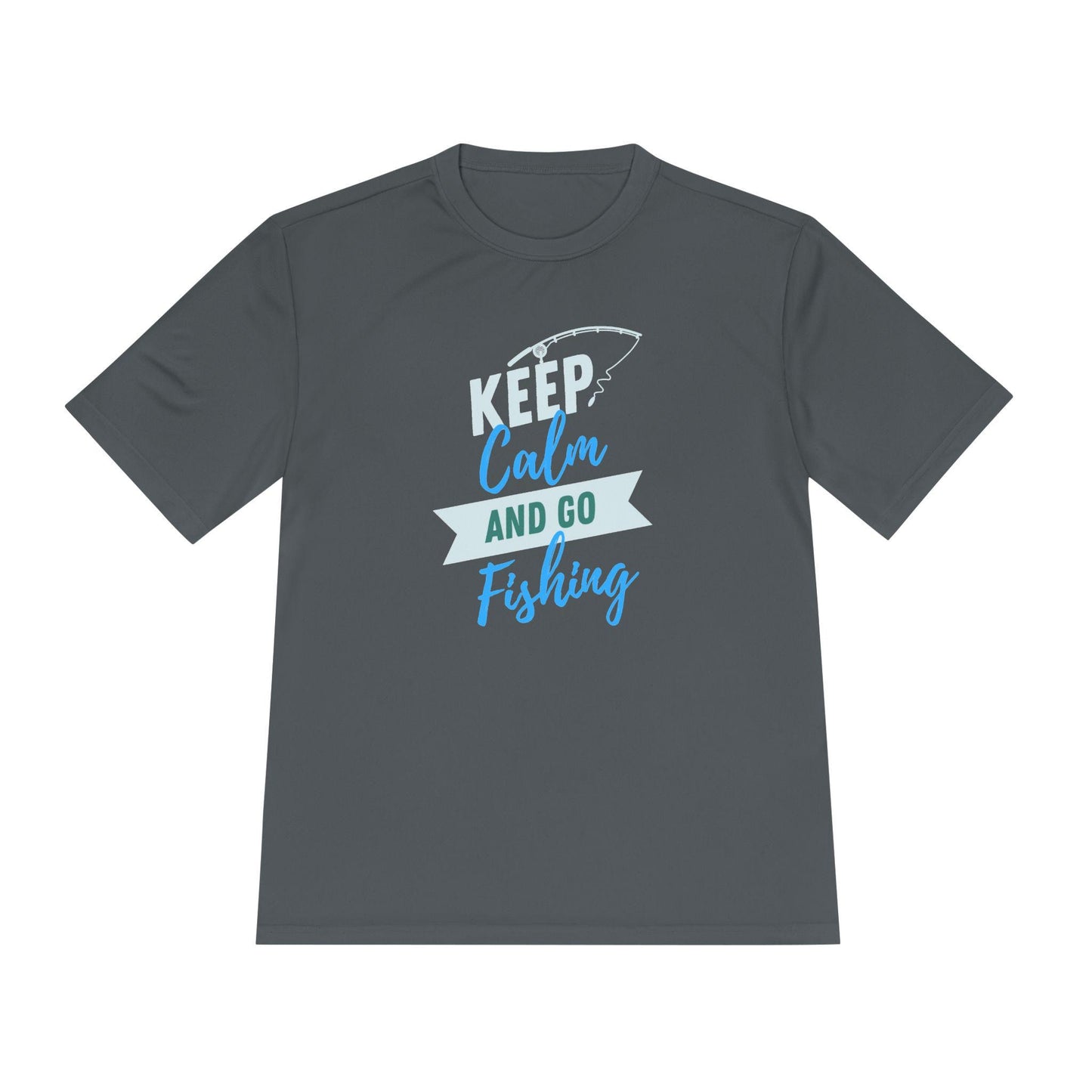 Flat lay of a dark gray T-shirt with a fun, outdoor-themed design. The graphic features the phrase “KEEP Calm AND GO Fishing” in bold white, teal, and blue lettering, along with a simple fishing rod illustration above the text. The shirt has a relaxed unisex cut and is displayed on a plain white background, perfect for casual or fishing-related wear.