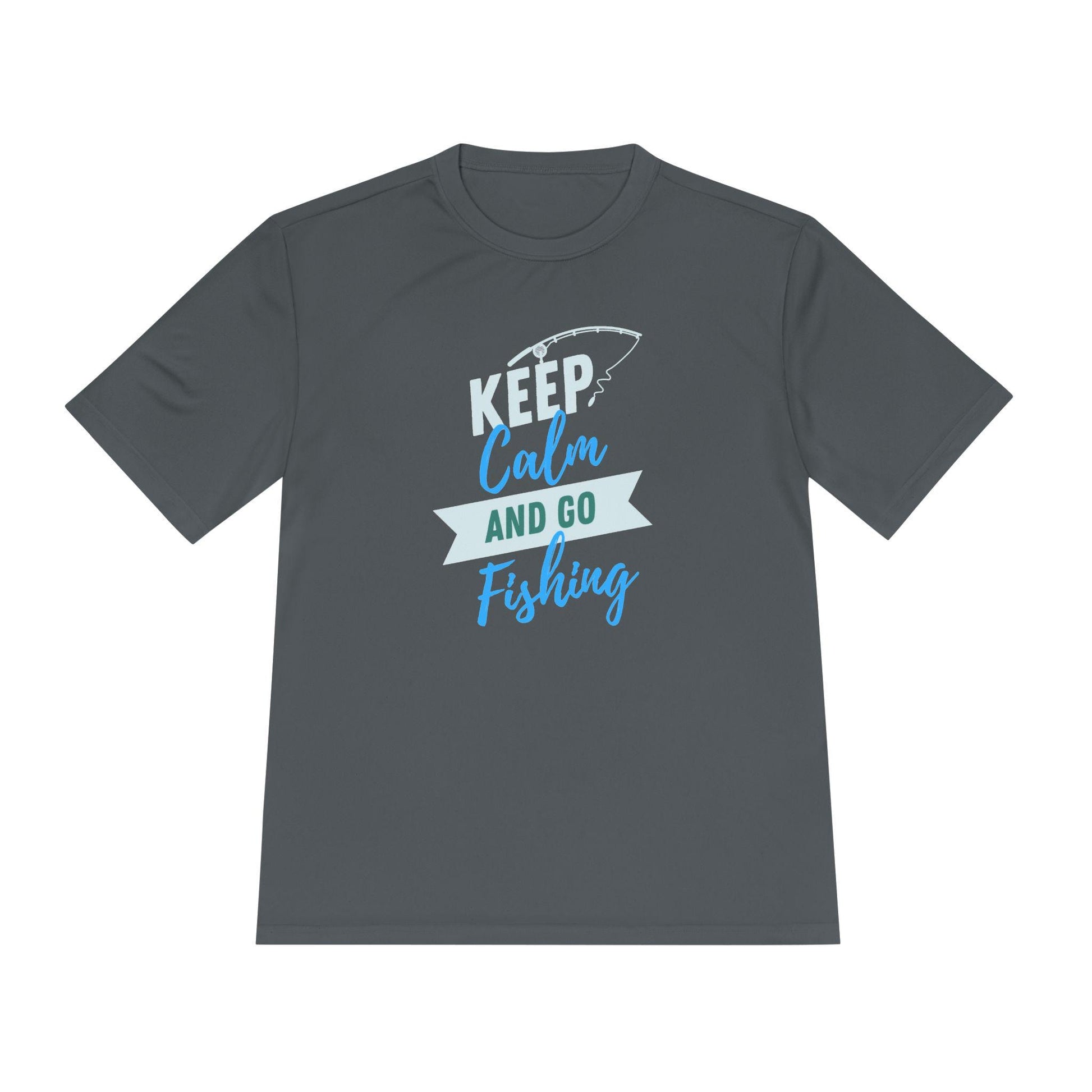 Flat lay of a dark gray T-shirt with a fun, outdoor-themed design. The graphic features the phrase “KEEP Calm AND GO Fishing” in bold white, teal, and blue lettering, along with a simple fishing rod illustration above the text. The shirt has a relaxed unisex cut and is displayed on a plain white background, perfect for casual or fishing-related wear.