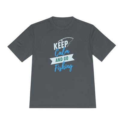 Flat lay of a dark gray T-shirt with a fun, outdoor-themed design. The graphic features the phrase “KEEP Calm AND GO Fishing” in bold white, teal, and blue lettering, along with a simple fishing rod illustration above the text. The shirt has a relaxed unisex cut and is displayed on a plain white background, perfect for casual or fishing-related wear.