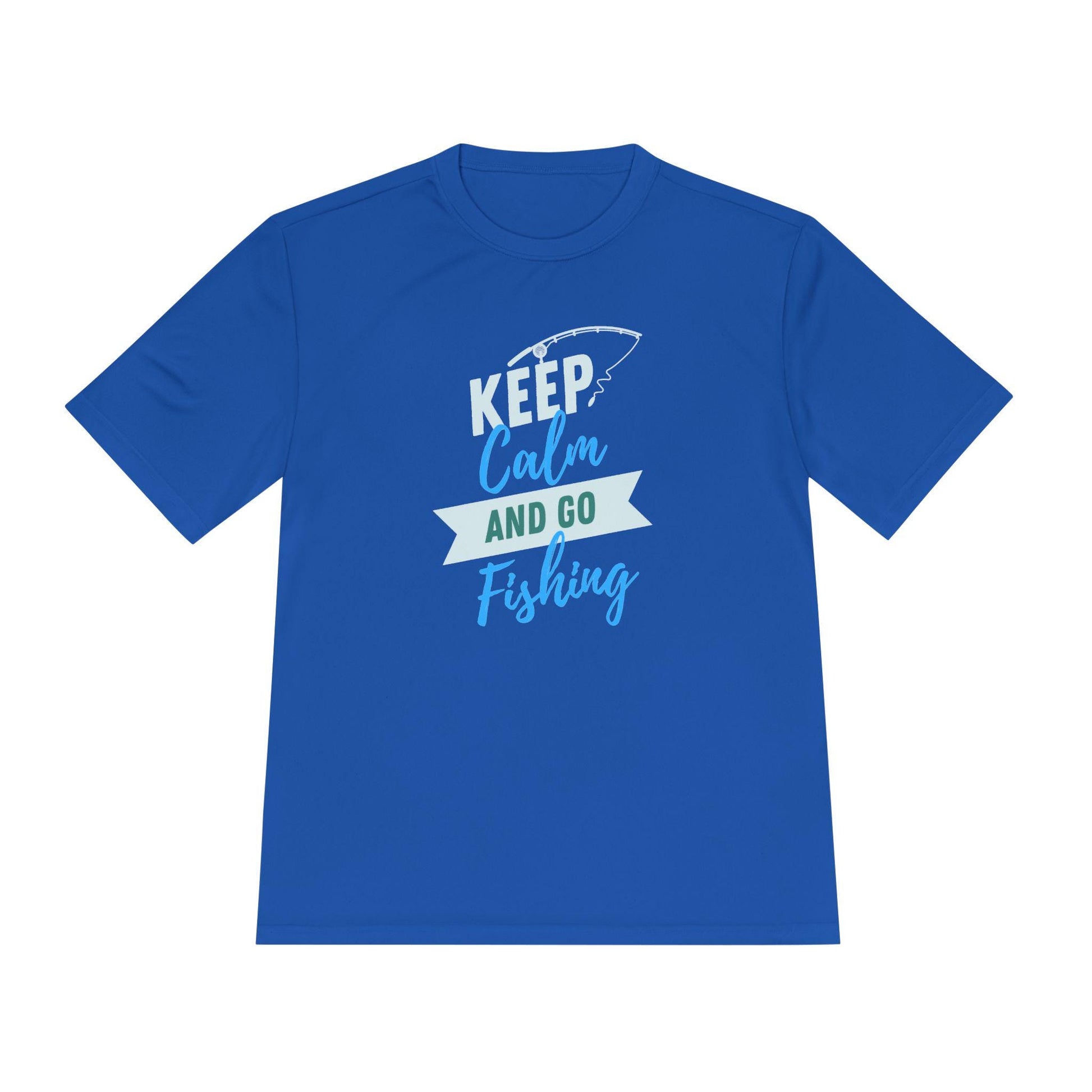 Flat lay of a vibrant royal blue T-shirt with a fun and bold design. The front features the phrase “KEEP Calm AND GO Fishing” in a mix of white, teal, and sky blue lettering, paired with a simple fishing rod illustration above the text. The shirt has a classic unisex cut and is displayed on a plain white background, perfect for fishing lovers and outdoor enthusiasts.