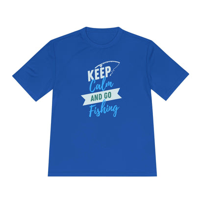 Flat lay of a vibrant royal blue T-shirt with a fun and bold design. The front features the phrase “KEEP Calm AND GO Fishing” in a mix of white, teal, and sky blue lettering, paired with a simple fishing rod illustration above the text. The shirt has a classic unisex cut and is displayed on a plain white background, perfect for fishing lovers and outdoor enthusiasts.