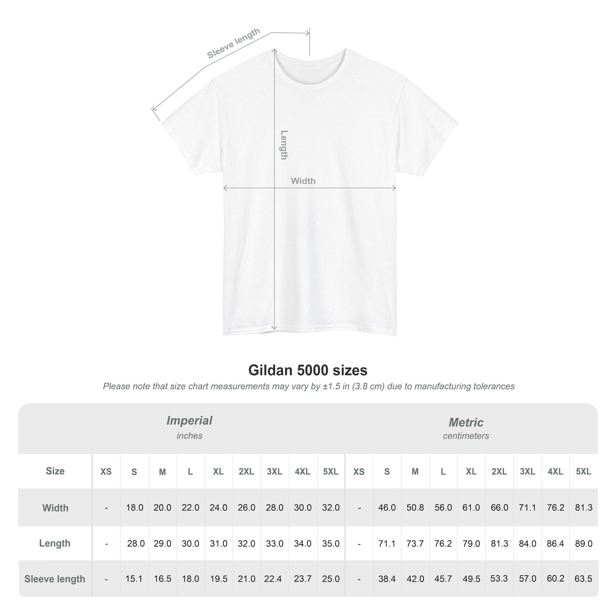 Size chart for Gildan 5000 T-shirts showing width, length, and sleeve length in both Imperial (inches) and Metric (centimeters). The chart covers sizes S to 5XL, with measurements varying slightly due to manufacturing tolerances. An illustration of a T-shirt is shown with labeled dimensions for width, length, and sleeve length.