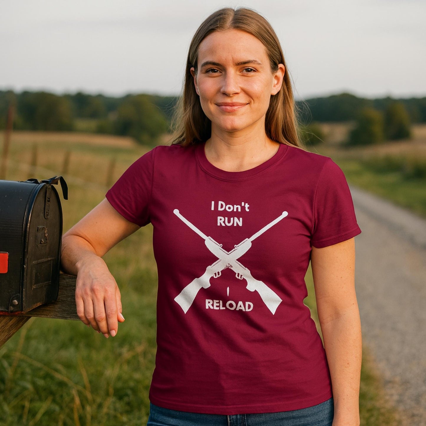 Woman standing outdoors on a rural dirt road beside a black mailbox, wearing a burgundy T-shirt. The shirt has a graphic of two crossed rifles with the text “I Don’t RUN I RELOAD” printed in white. She is smiling slightly with one arm resting on the mailbox post.