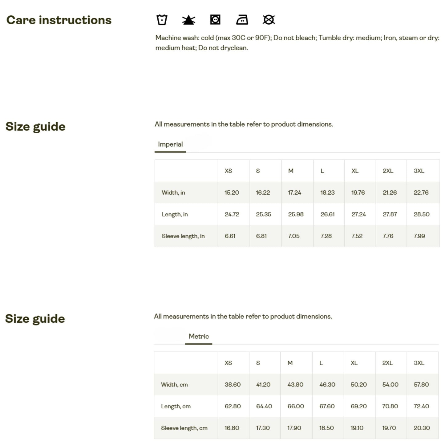 Care instructions and size guide chart for apparel. Care: Machine wash cold (max 30°C or 90°F), do not bleach, tumble dry medium, iron/steam/dry on medium heat, do not dry clean. Size guide provided in Imperial (inches) and Metric (centimeters) for XS to 3XL, listing width, length, and sleeve length measurements.