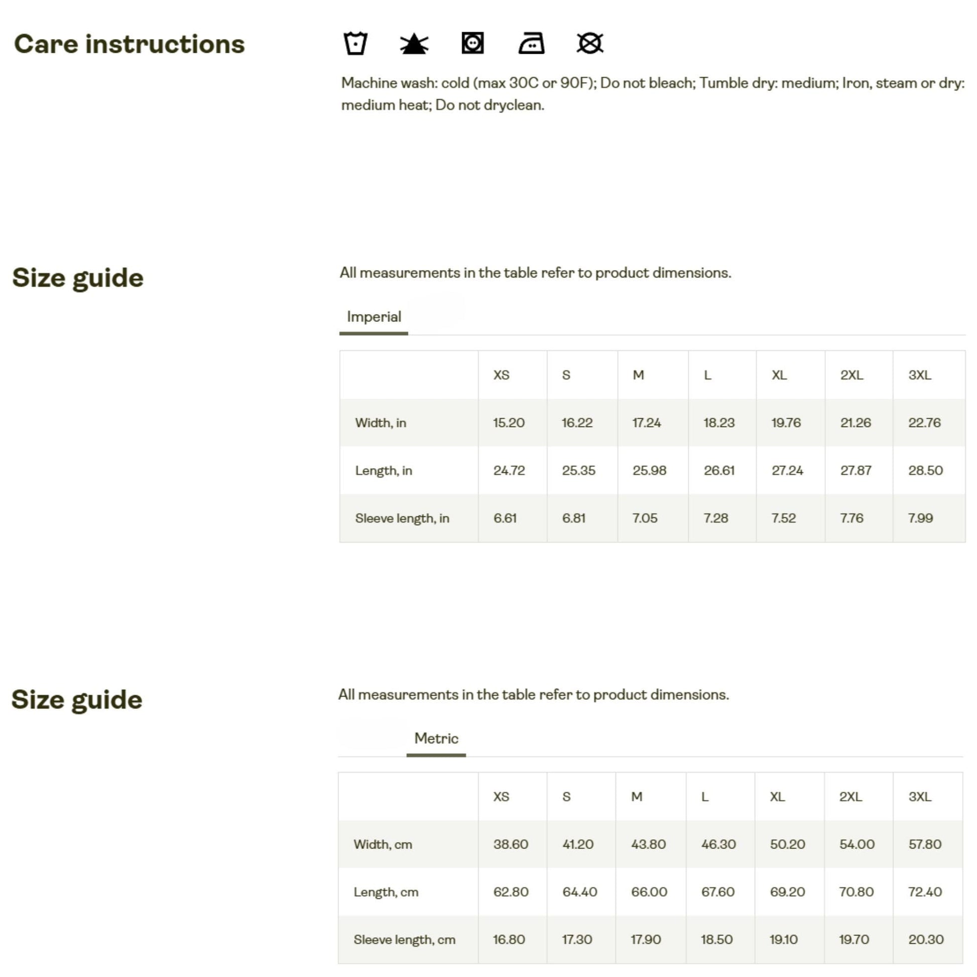 Care instructions and size guide chart for apparel. Care: Machine wash cold (max 30°C or 90°F), do not bleach, tumble dry medium, iron/steam/dry on medium heat, do not dry clean. Size guide provided in Imperial (inches) and Metric (centimeters) for XS to 3XL, listing width, length, and sleeve length measurements.