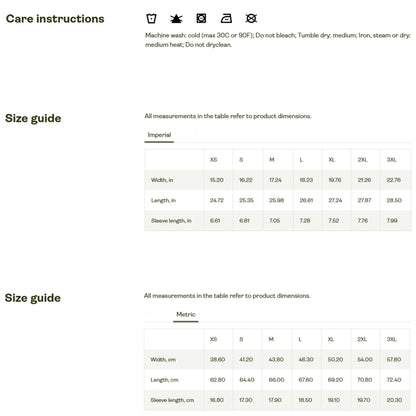 Care instructions and size guide chart for apparel. Care: Machine wash cold (max 30°C or 90°F), do not bleach, tumble dry medium, iron/steam/dry on medium heat, do not dry clean. Size guide provided in Imperial (inches) and Metric (centimeters) for XS to 3XL, listing width, length, and sleeve length measurements.